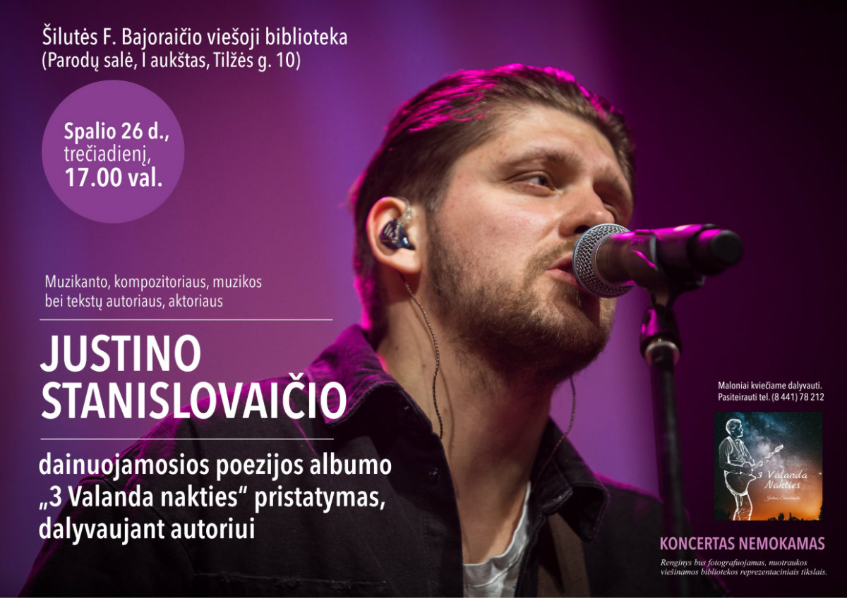 aktoriaus JUSTINO STANISLOVAIČIO dainuojamosios poezijos albumo „3 Valanda Nakties“ pristatymą
